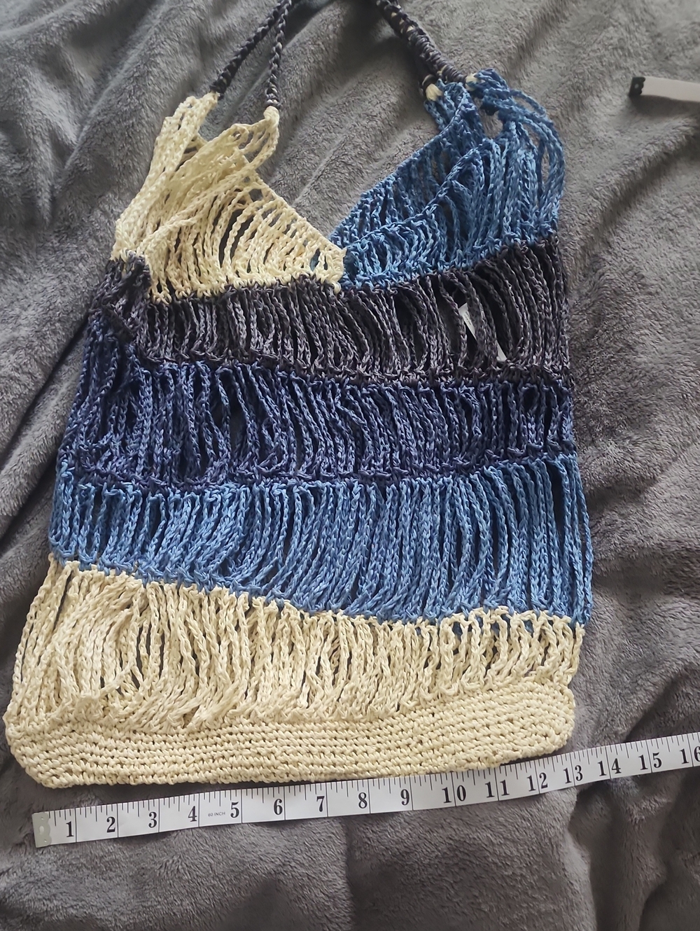 Free People Handmade Fringe Crochet Tote - Blue & Cream